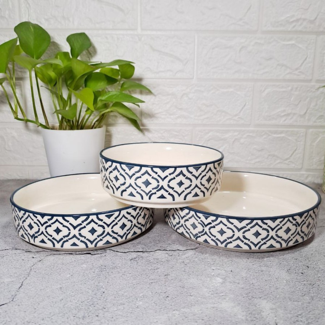 Homefrills Hand-Painted Ceramic Salad Tray/Bowl, Deep Dish Bowl,Salad Plate For Serving Snacks, Fruits, Salad, Noodles & Pasta Microwave Dishwasher Safe/Bpa & Lead Free -Set Of 3 Color -Grey - 1000 Ml